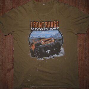 Front Range Motorsport Jeep Graphic Tee – Distressed Olive Green 100% Cotton M